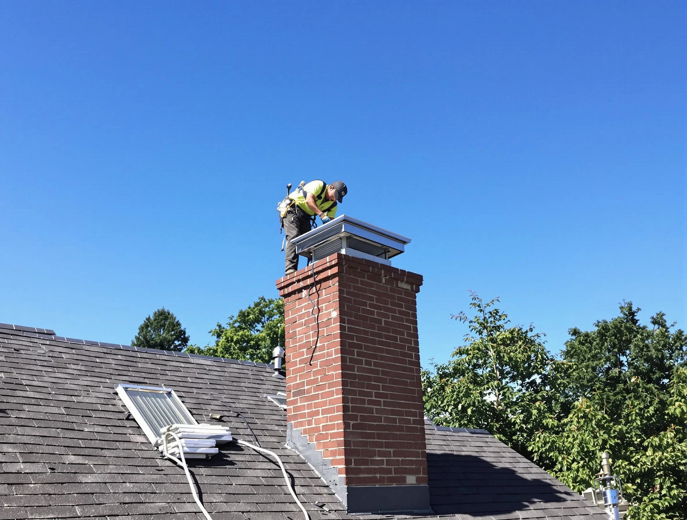 Pittsburgh Chimney Sweep technician measuring a chimney cap in Pittsburgh, PA